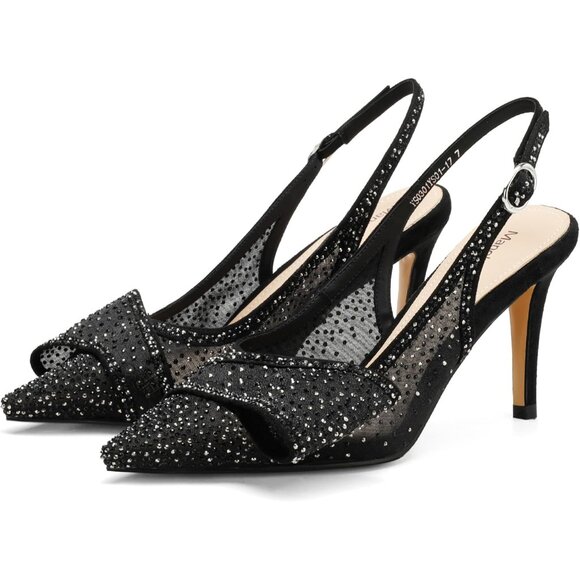 Shoes - Women's Mesh Black Rhinestone Slingback Elasticated Strap Stylish Heel Pumps
